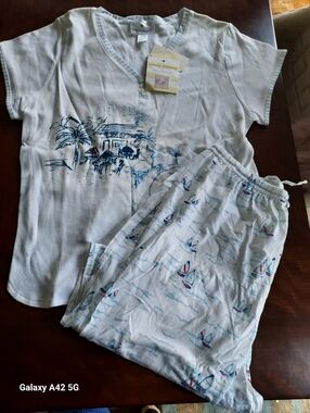 Women White and Blue Sailboat Pajama Set - Unbranded